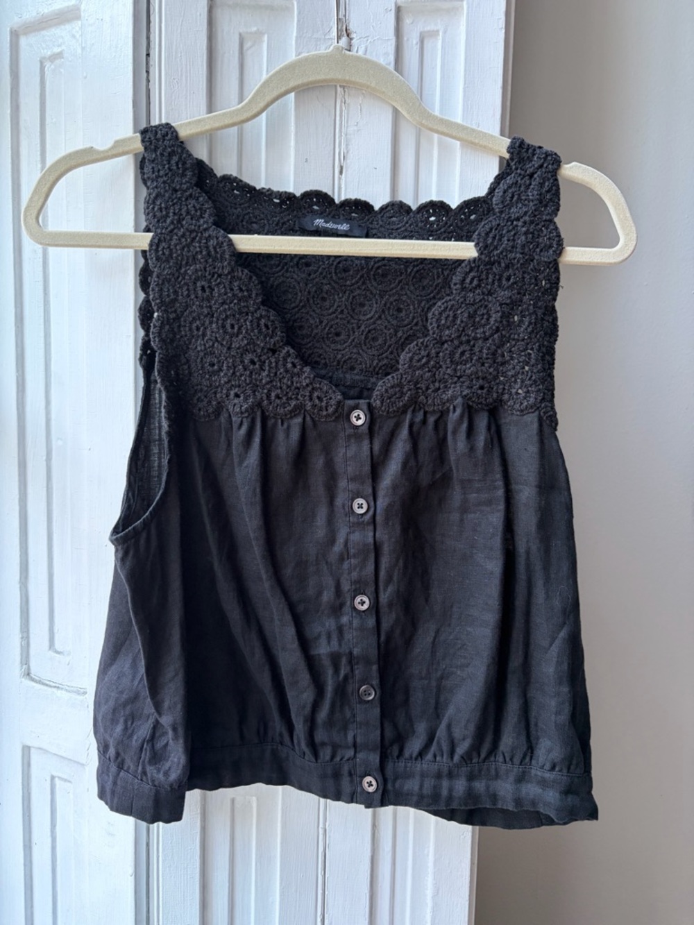 Madewell Black Crochet Yoke Button-Front Tank Top